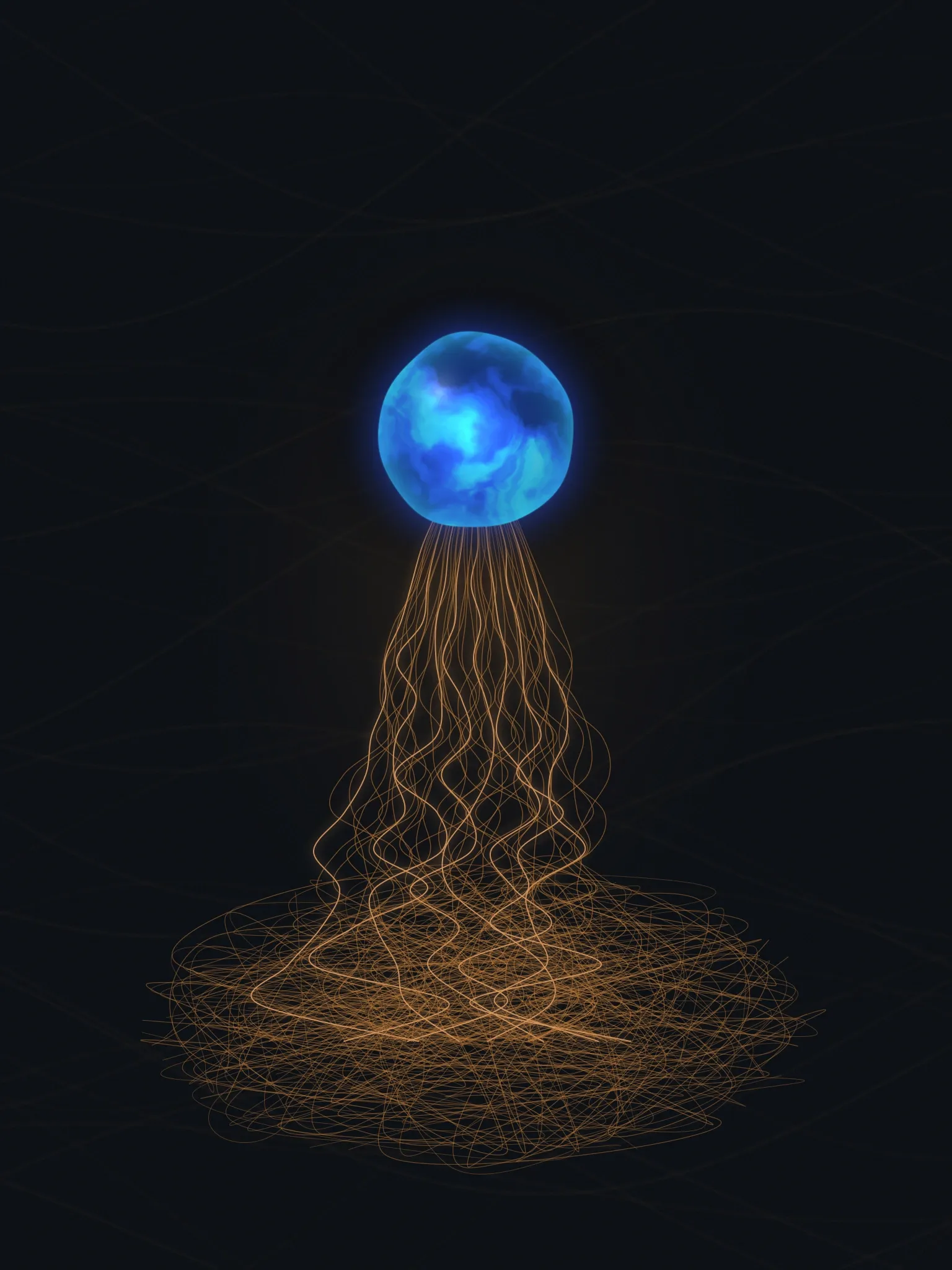 Un enredo de hilos de cobre en la parte baja que, al subir, se ordena en un haz hacia un orbe de luz azul